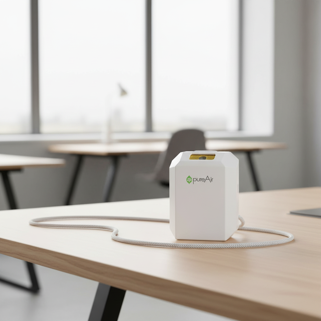 A white pureAir SOLO- portable air purifier with a coiled cord sits on a light wood desk in a bright, modern office setting.