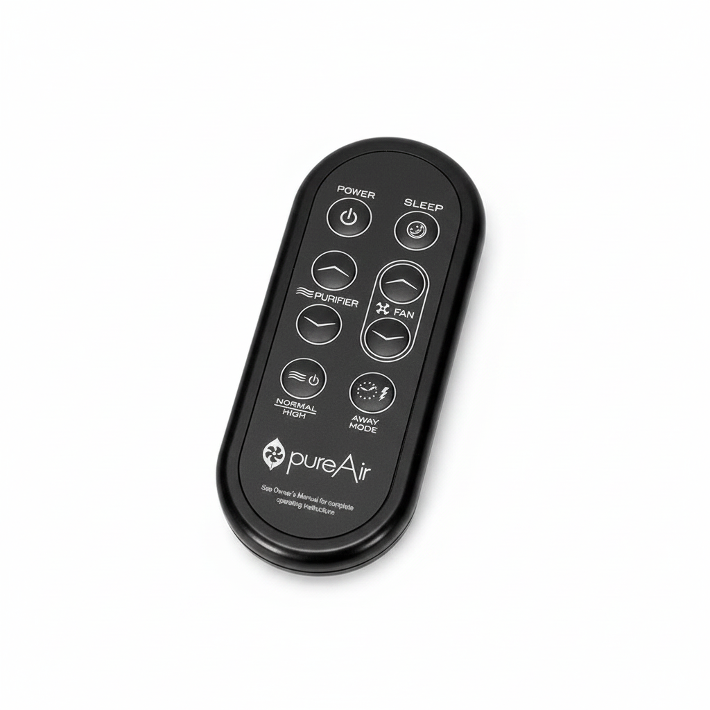 A black oval-shaped PureAir 3000 remote control with white printed icons and text, shown on a clean white background.