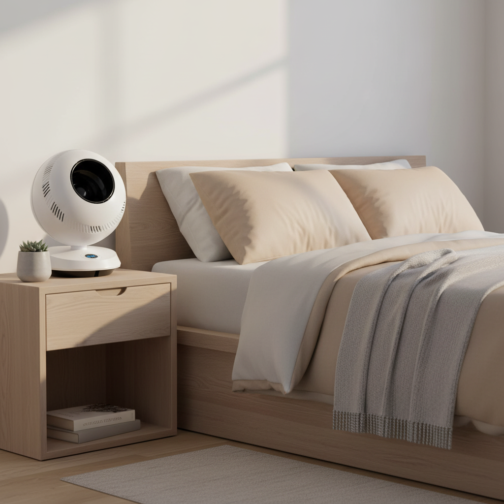 Greentech Environmental pureFlow QT7 bladeless fan on a night stand in a bedroom.