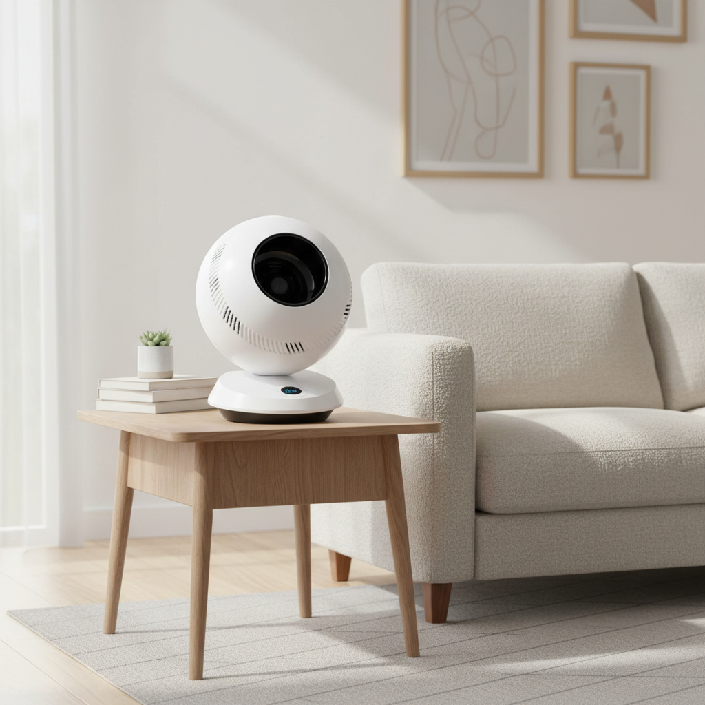 A white spherical pureflow bladeless fan  sits on a light wood side table in a bright living room next to a cream boucle sofa. The room has a minimalist aesthetic with framed abstract art on the wall, a gray rug, and soft natural light coming from the left.