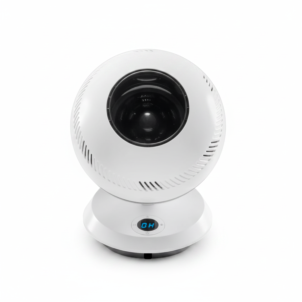 A white spherical bladeless fan, digital display on the base, shown against a plain white background.