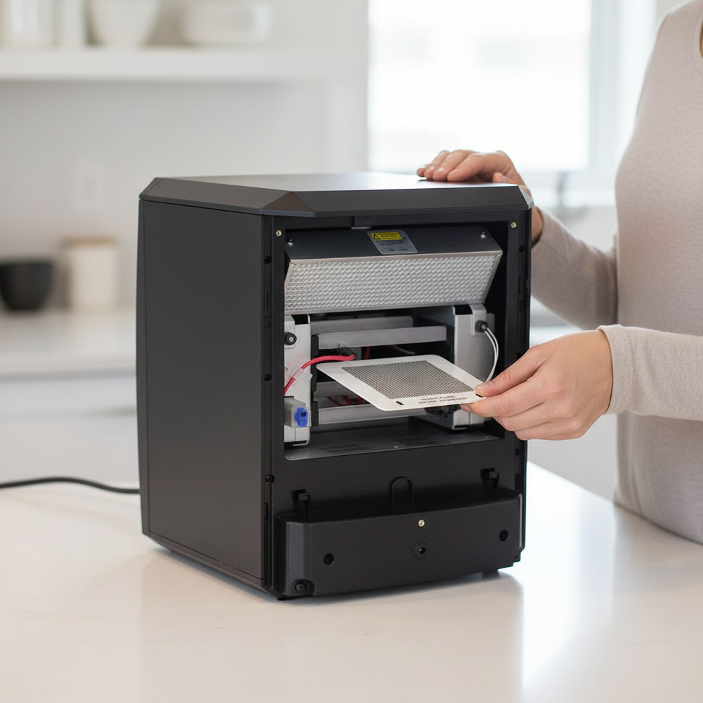 replacement ceramic purification Plate being inserted into pureAir 3000 on a kitchen counter